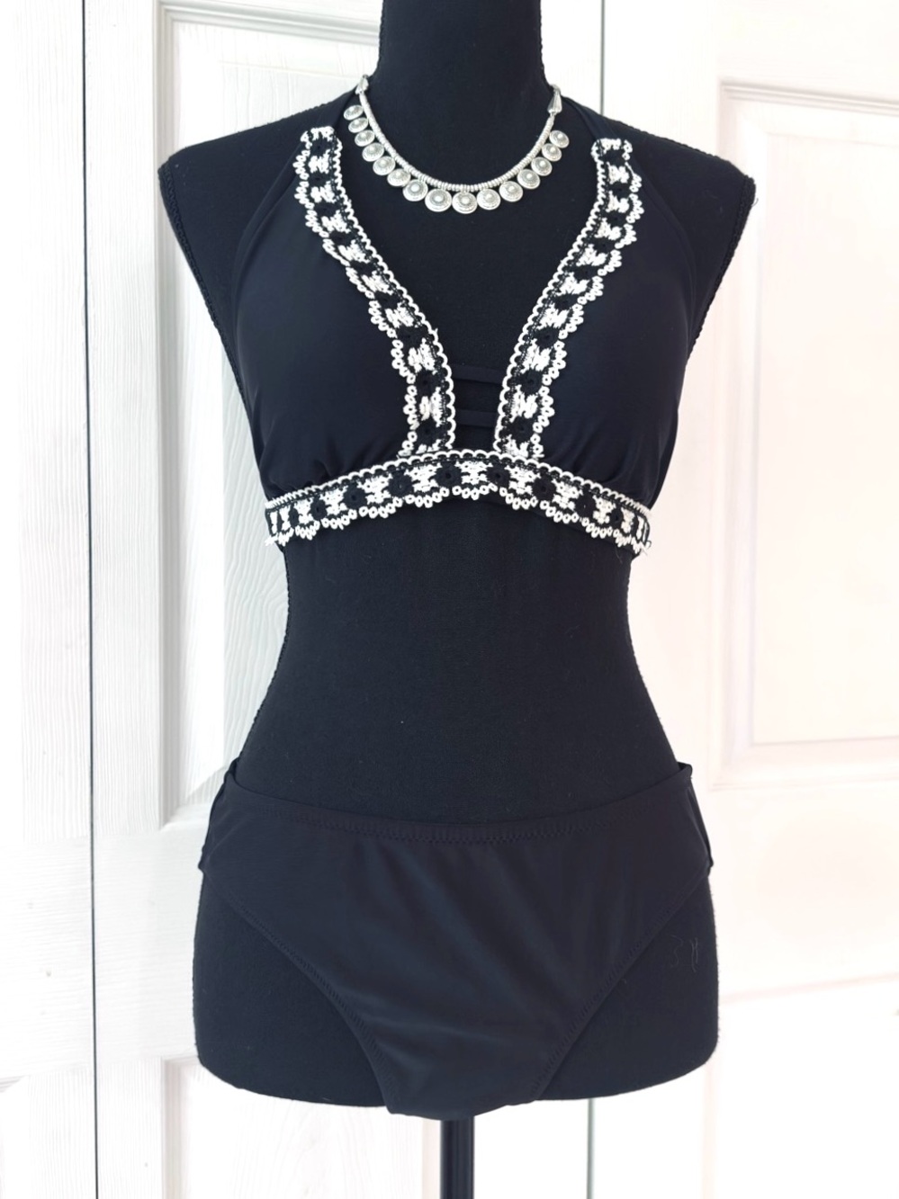 BIKINI ~ Black Two-Piece Bikini Set with White Floral Lace Embroidered Trim